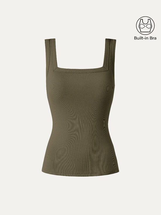 OGL Tops - OGL Slinky Square Open-Back Bra Tank Top Regular Length - Brass Olive Green